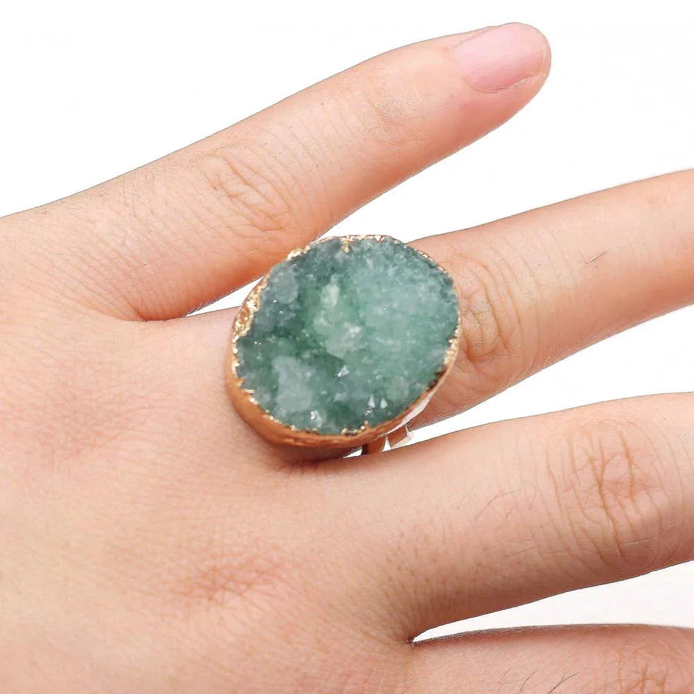 Natural Druzy Agates Rings Diamon-Studded Open Finger Rings Irregular Charm Rings for Women Men Party Wedding Jewelry