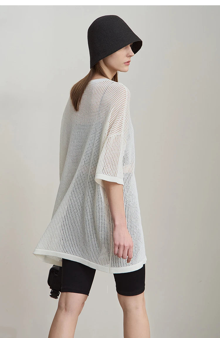 Amii Minimalist Women's Knitted Pullovers 2025 Summer Crew Neck Short-sleeved Casual Mid Long Loose Letter Jacquard Top 12542048