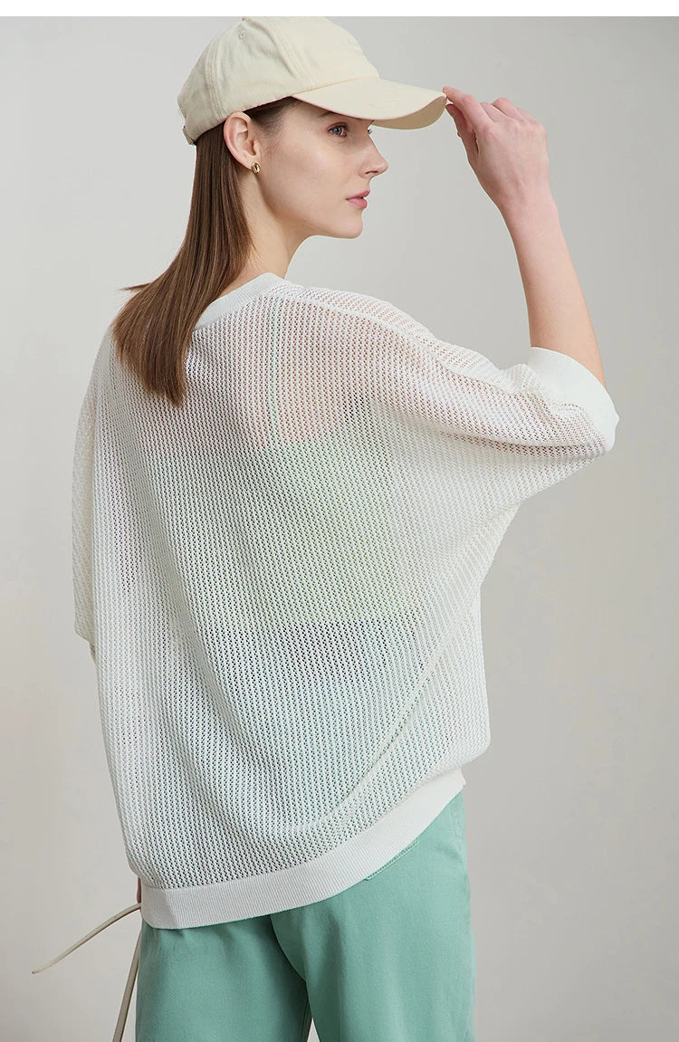 Amii Minimalist Women's Hollowed-out Knitted Pullover 2025 Summer New Half-sleeve Crew Neck Loose Blouse Thin Solid Top 12542139
