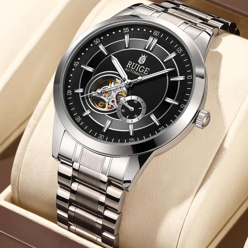 RUIGE High Quality Hollow Mechanical Movement Men's Watch Stainless Steel Fashion Men's Night Light Waterproof Watch