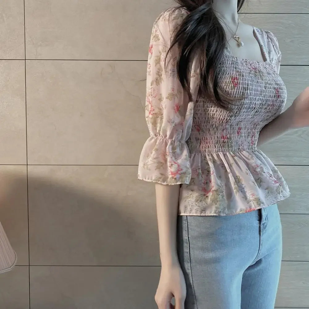 Chiffon Shirt for Women New Floral Flared Sleeves Wrapped in Chest and Waist to Make Them Look Slim Top for Women