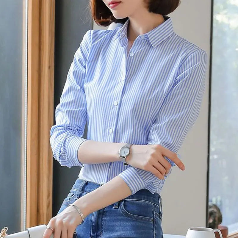 Women's Clothing Commute Striped Shirt 2025 New Spring Autumn Long Sleeve Fashion Single-breasted Casual Turn-down Collar Blouse