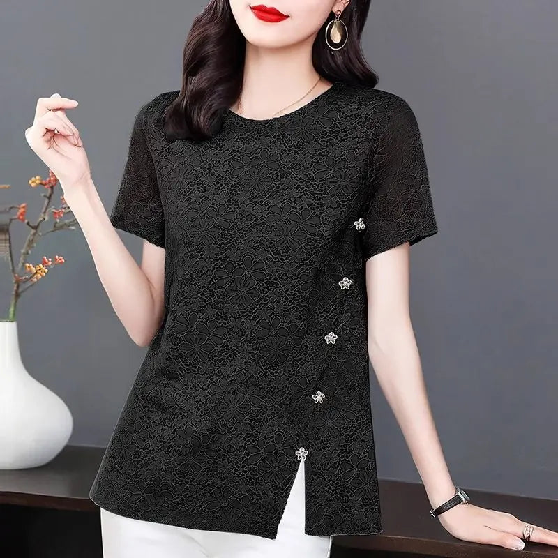 Lace Women's Summer New Fashion Stylish Short Sleeve T-Shirt Plus Size Design Sense Loose Slimming Top