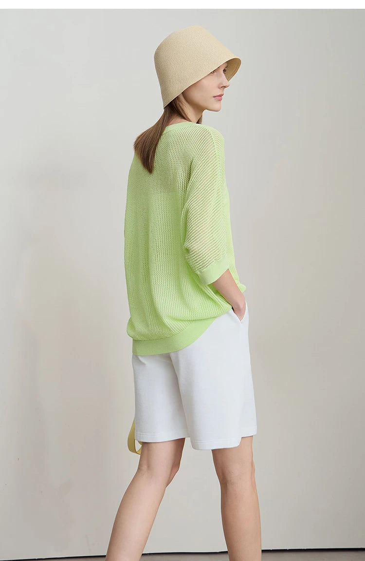 Amii Minimalist Women's Hollowed-out Knitted Pullover 2025 Summer New Half-sleeve Crew Neck Loose Blouse Thin Solid Top 12542139