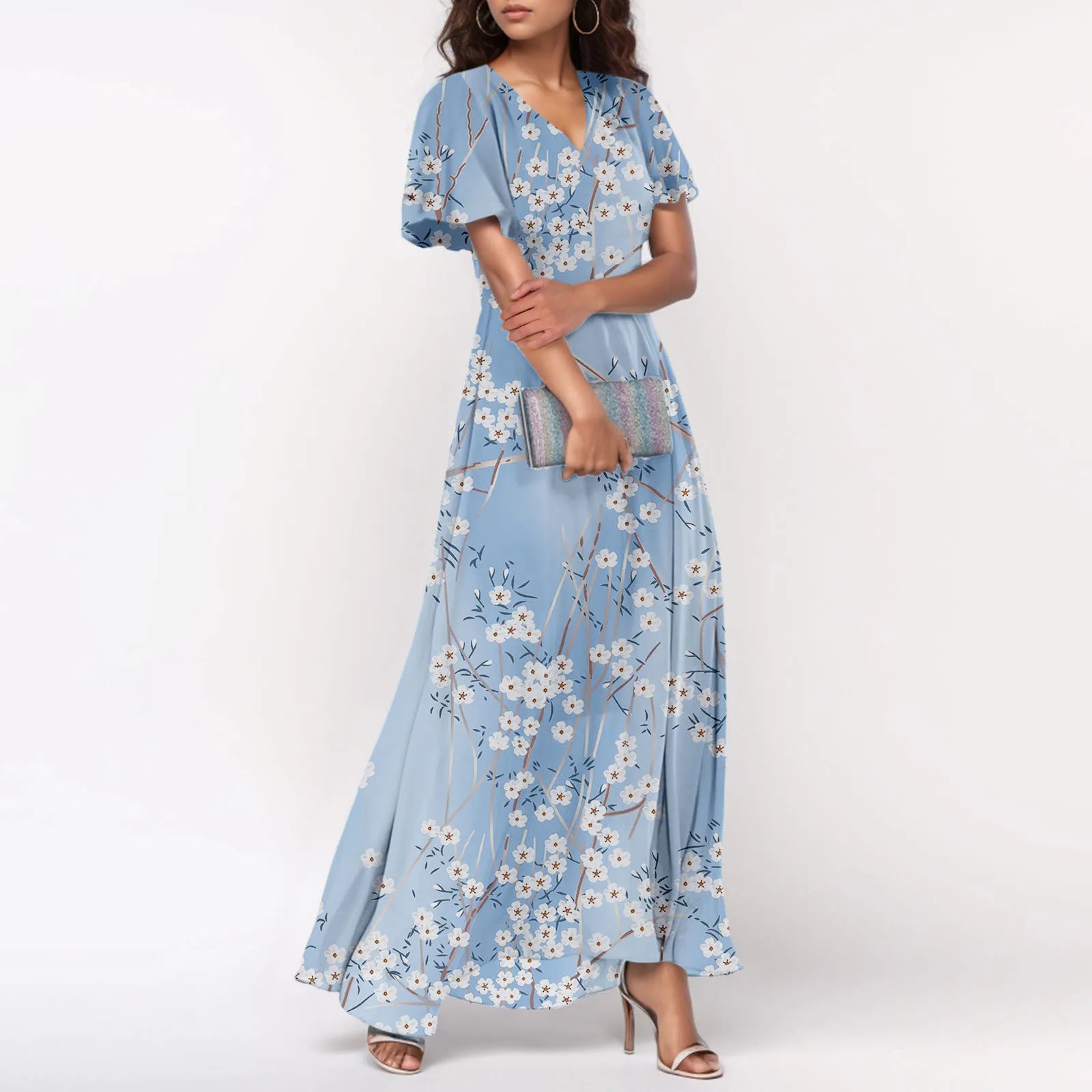 Women V-neck Ruffle Short Sleeve Maxi Dress Waist Tight High-waist Hem Sweet Floral Print Elegant Dress Female Clothing Vestidos
