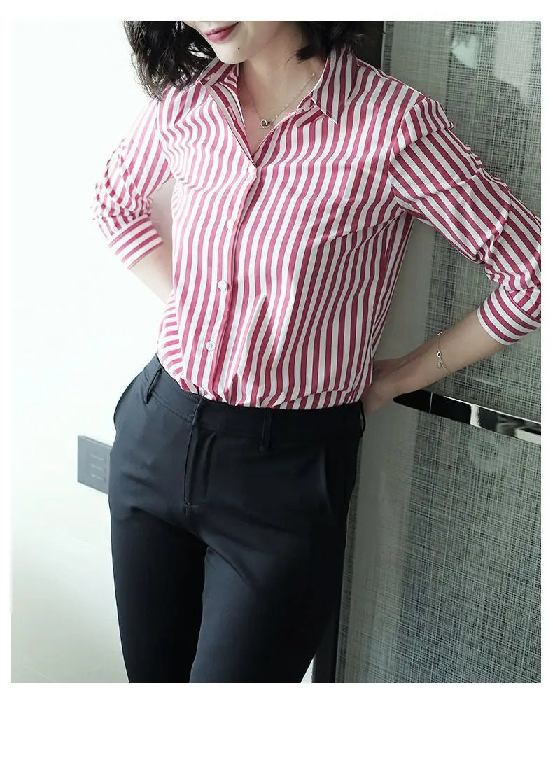 Women's Clothing Commute Striped Shirt 2025 New Spring Autumn Long Sleeve Fashion Single-breasted Casual Turn-down Collar Blouse