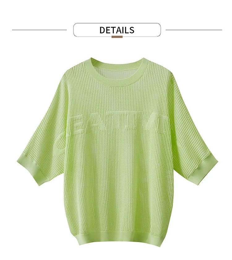 Amii Minimalist Women's Hollowed-out Knitted Pullover 2025 Summer New Half-sleeve Crew Neck Loose Blouse Thin Solid Top 12542139