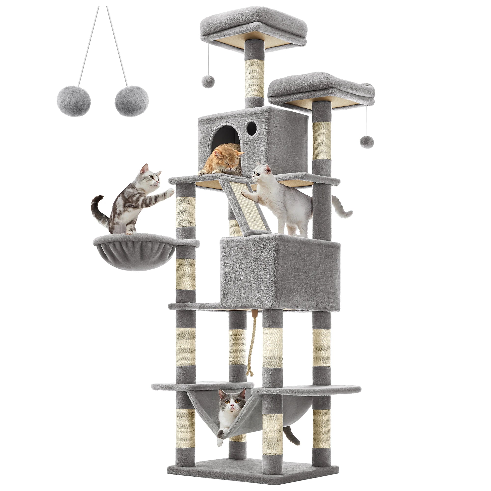 Feandrea Cat Tree, Height 206 cm, with 13 Scratching Posts, 2 Platform, 2 Kennels, Basket, Hammock, Pompom