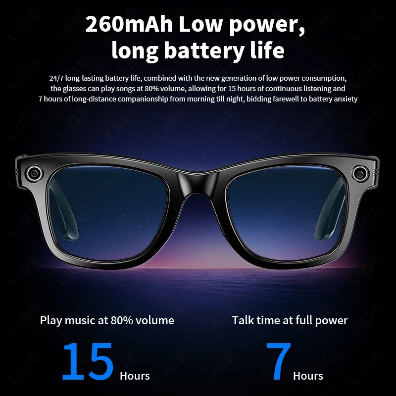 LIGE AI Smart Glasses 720P Camera Video Recorder Bluetooth Call 260mAh Battery Voice Assistant Control Sunglasses For Men Women