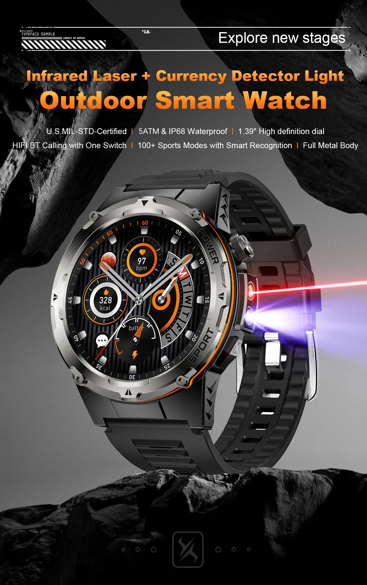 NEW For XIAOMI Outdoor Sports Smart Watch Men GPS Trackr Health Monitor BT Call NFC UV infrared Laser 5ATM Waterproof Smartwatch