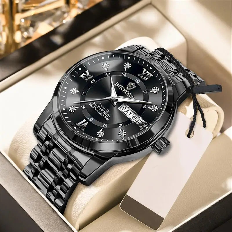 2025 Quartz Watch for Men Luxury Diamonds Gold Watch Waterproof Luminous Stainless Steel Business Men's Quartz Watch Mens Watch