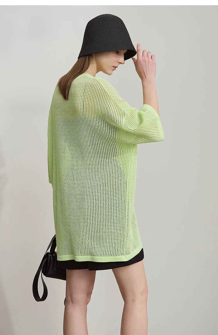 Amii Minimalist Women's Knitted Pullovers 2025 Summer Crew Neck Short-sleeved Casual Mid Long Loose Letter Jacquard Top 12542048