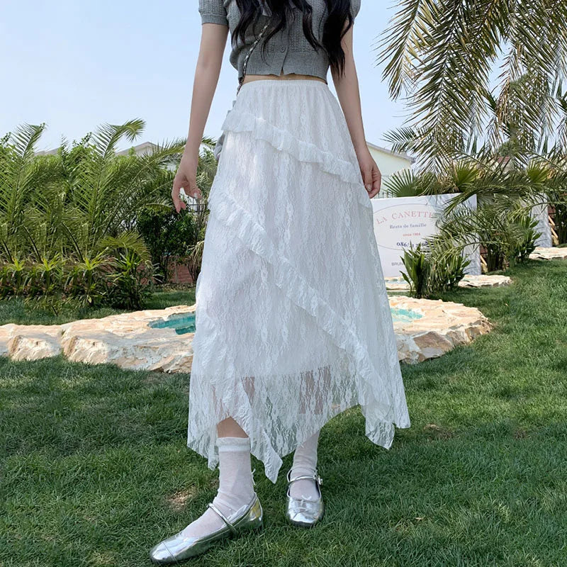 White Lace Irregular Maxi Skirts Women Vintage Ruffles Spliced A-Line Skirts Woman Summer Design Sheer High Waist Cake Skirt