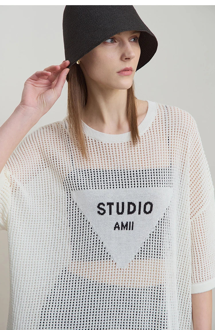 Amii Minimalist Women's Knitted Pullovers 2025 Summer Crew Neck Short-sleeved Casual Mid Long Loose Letter Jacquard Top 12542048