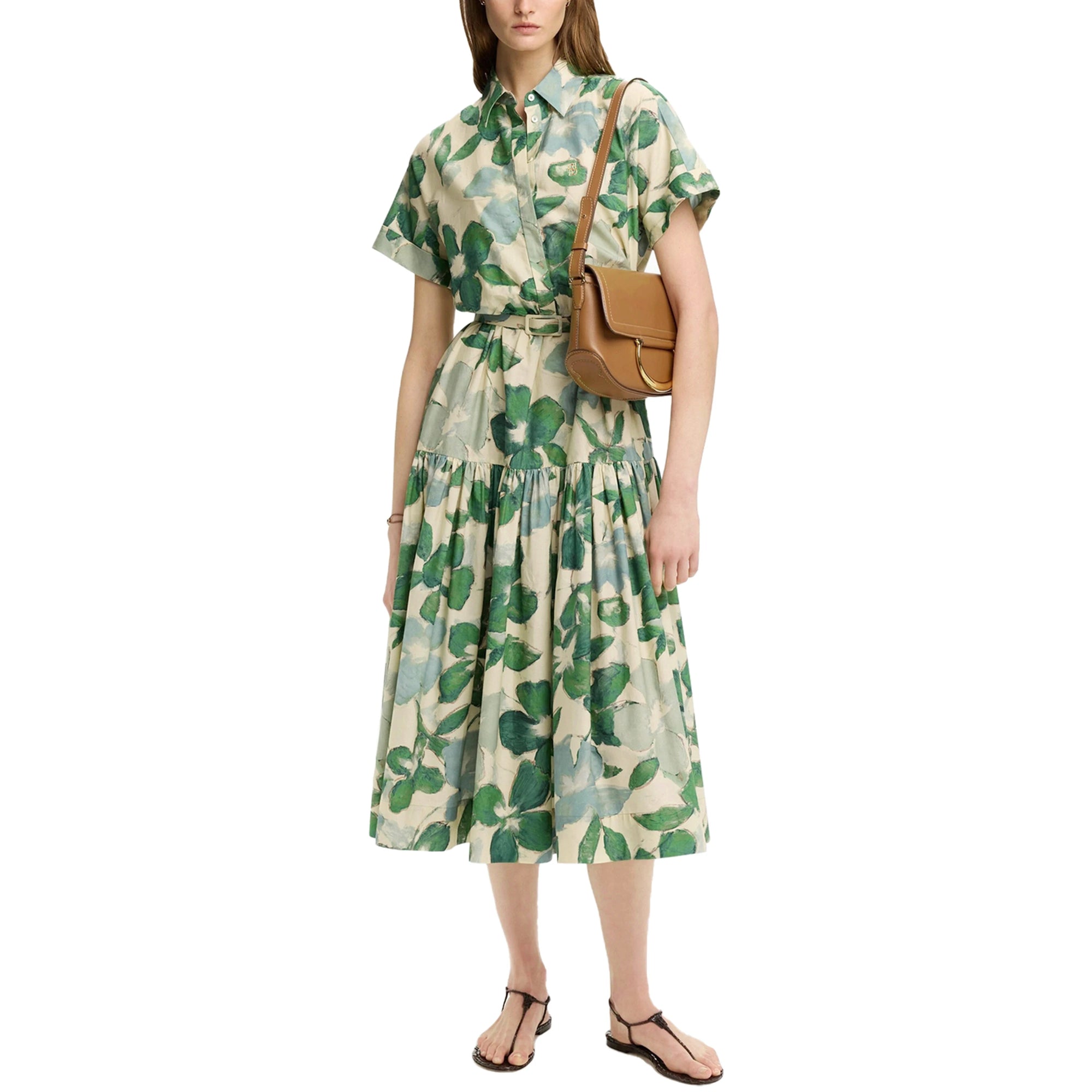 Casual Women Dress Short Sleeve Pleated Cake Dress Belt Design Hanging Down A Line Elegant Dress Summer Female Shirt Dress