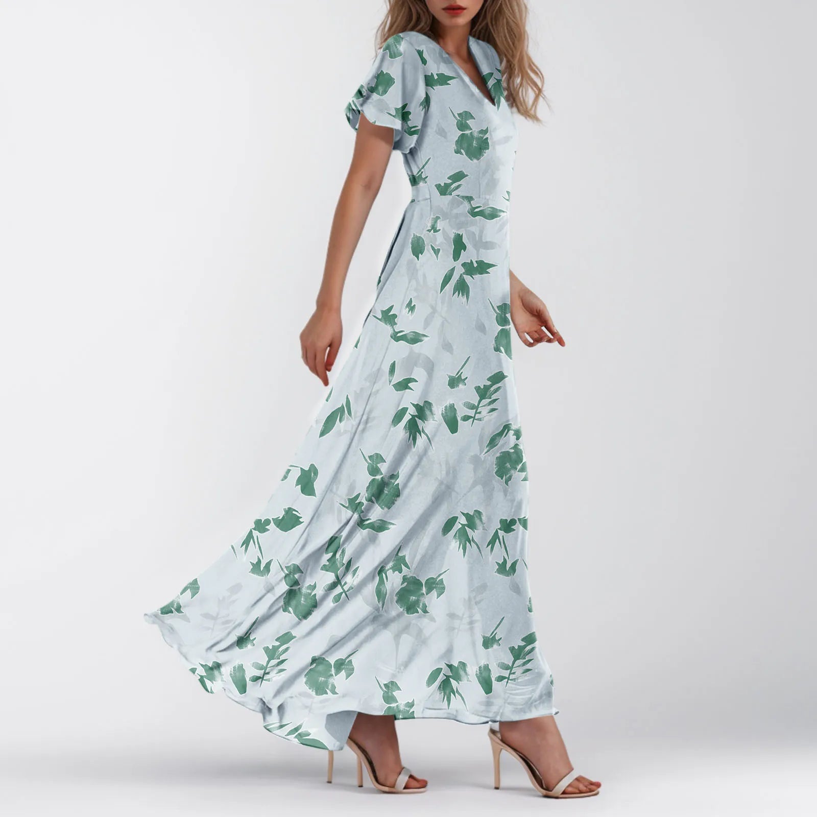 Women V-neck Ruffle Short Sleeve Maxi Dress Waist Tight High-waist Hem Sweet Floral Print Elegant Dress Female Clothing Vestidos