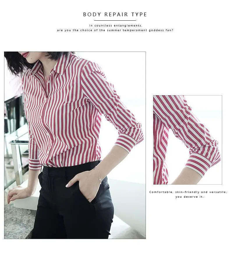 Women's Clothing Commute Striped Shirt 2025 New Spring Autumn Long Sleeve Fashion Single-breasted Casual Turn-down Collar Blouse