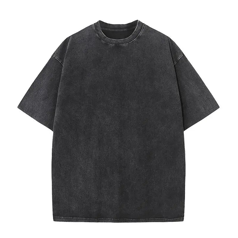 2025 summer European code wash heavy short sleeve T-shirt for young men pure cotton solid color loose retro round neck half slee