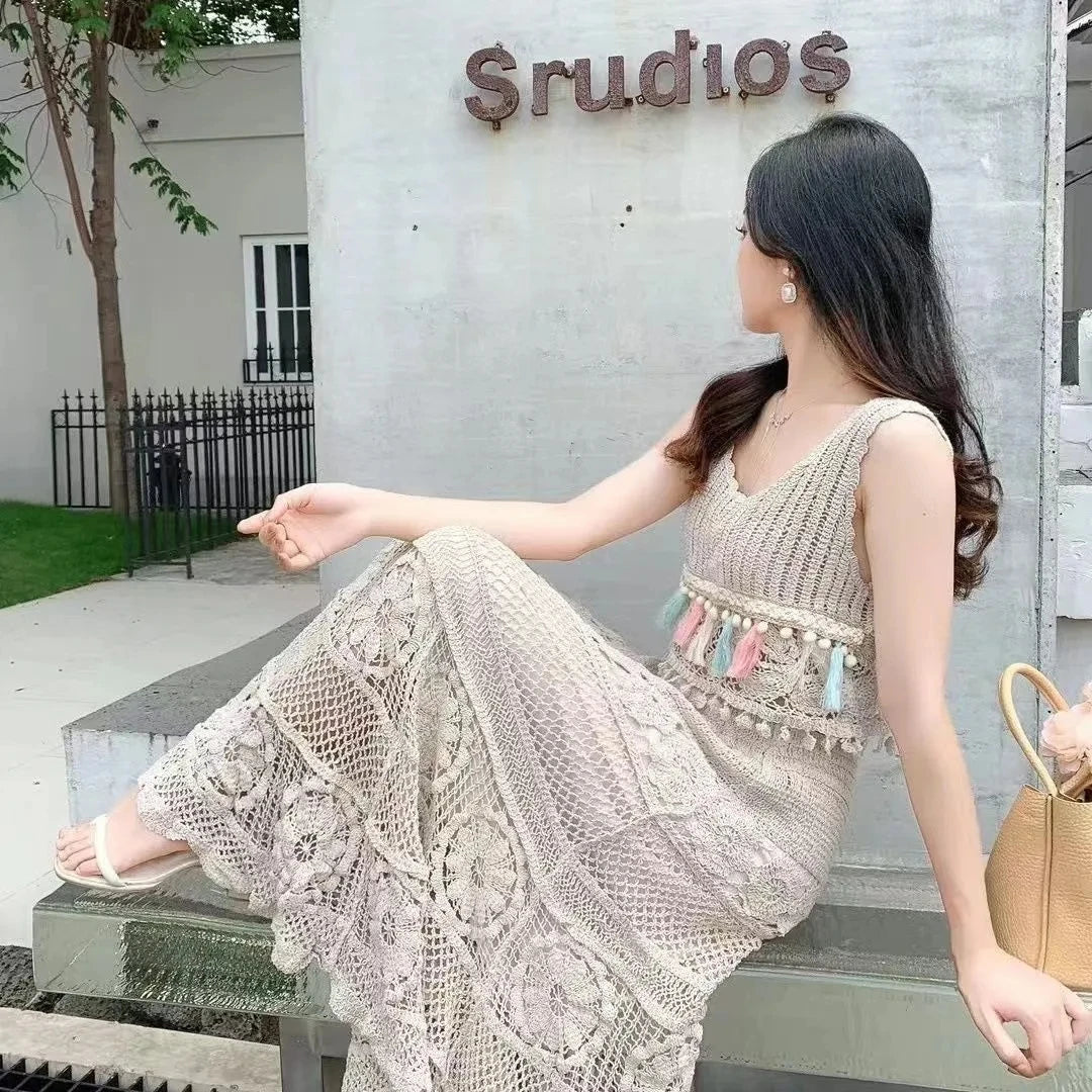 Retro Hollow Knitted Crochet Women's Solid Color Skirt 2025 Summer Fashion Lace Patchwork Female High Waisted Skirt