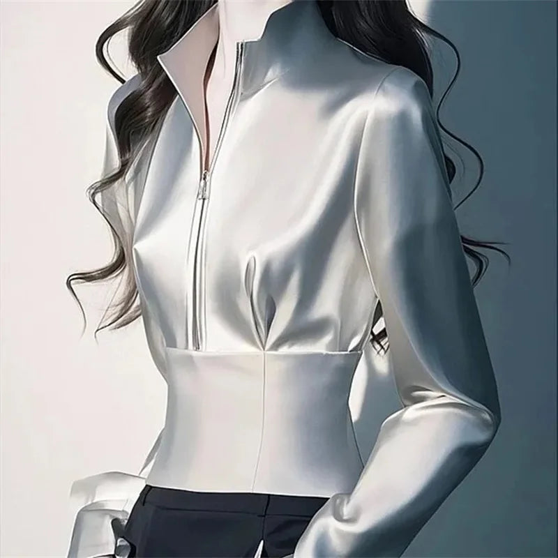 Luxury Satin Shirt Women's Spring Summer New Coat Unique Beautiful Waist Jacket French High-Grade Outerwear Female Overcoat Tops
