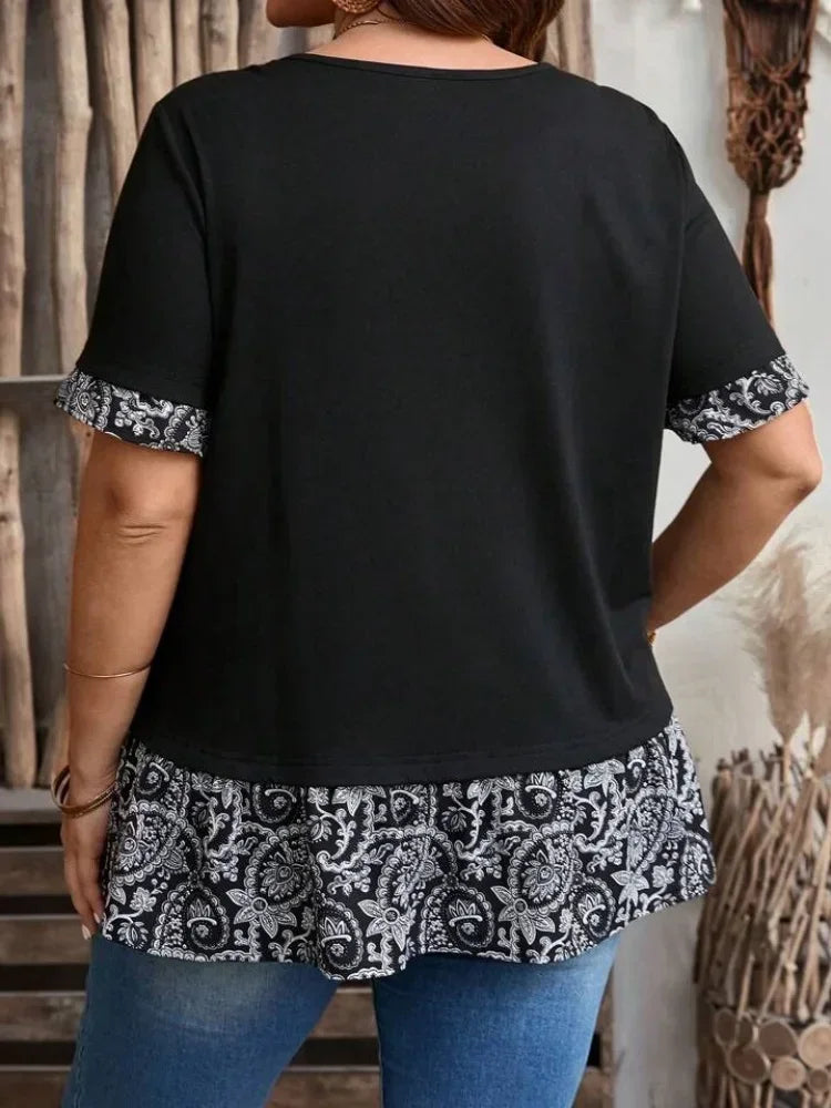 Plus Size Women's Shirts 2025 Female Fashion New Summer Classical Casual Loose Blouses Short Sleeve O Neck Elegant Printing Tops