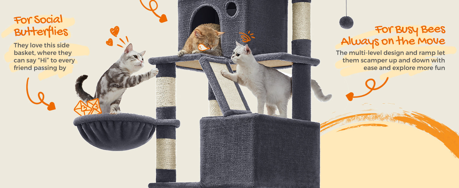 Feandrea Cat Tree, Height 206 cm, with 13 Scratching Posts, 2 Platform, 2 Kennels, Basket, Hammock, Pompom