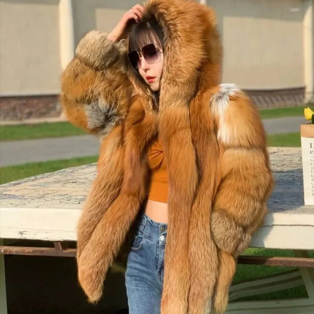 QUEENTINA Real Fox Fur Coat for Women, Winter Jacket, Warm Outerwear, Luxury Designer, External Clothes Plus Fashion New Long