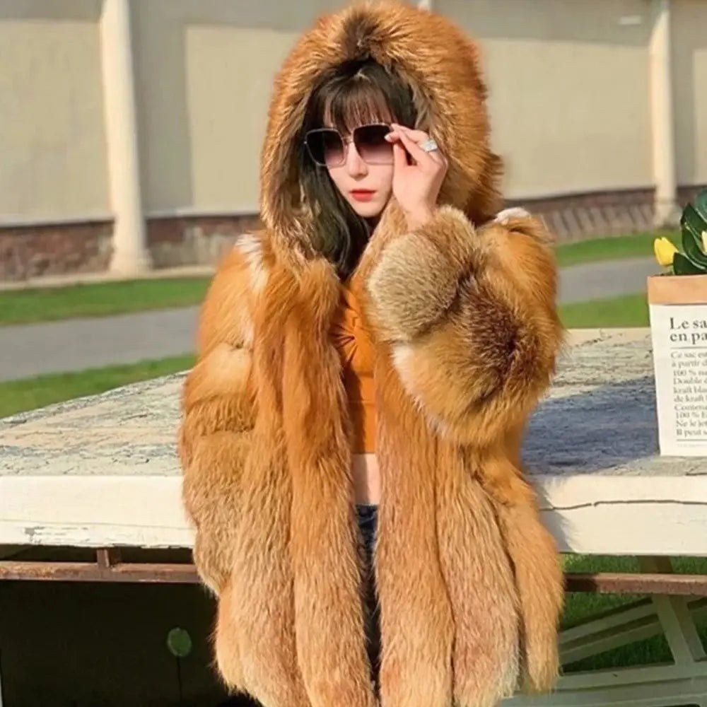 QUEENTINA Real Fox Fur Coat for Women, Winter Jacket, Warm Outerwear, Luxury Designer, External Clothes Plus Fashion New Long