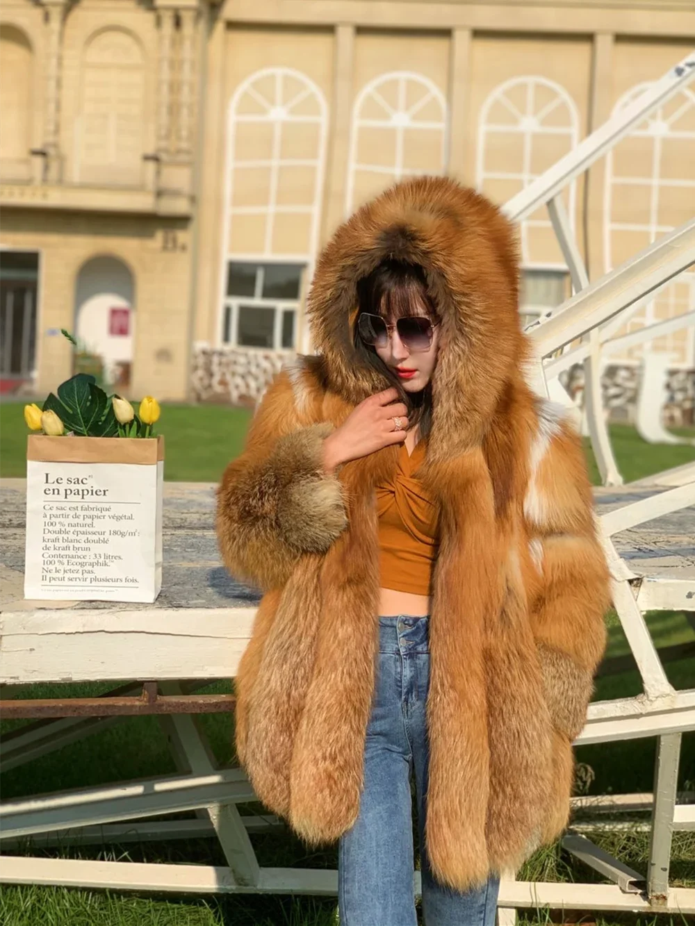 QUEENTINA Real Fox Fur Coat for Women, Winter Jacket, Warm Outerwear, Luxury Designer, External Clothes Plus Fashion New Long