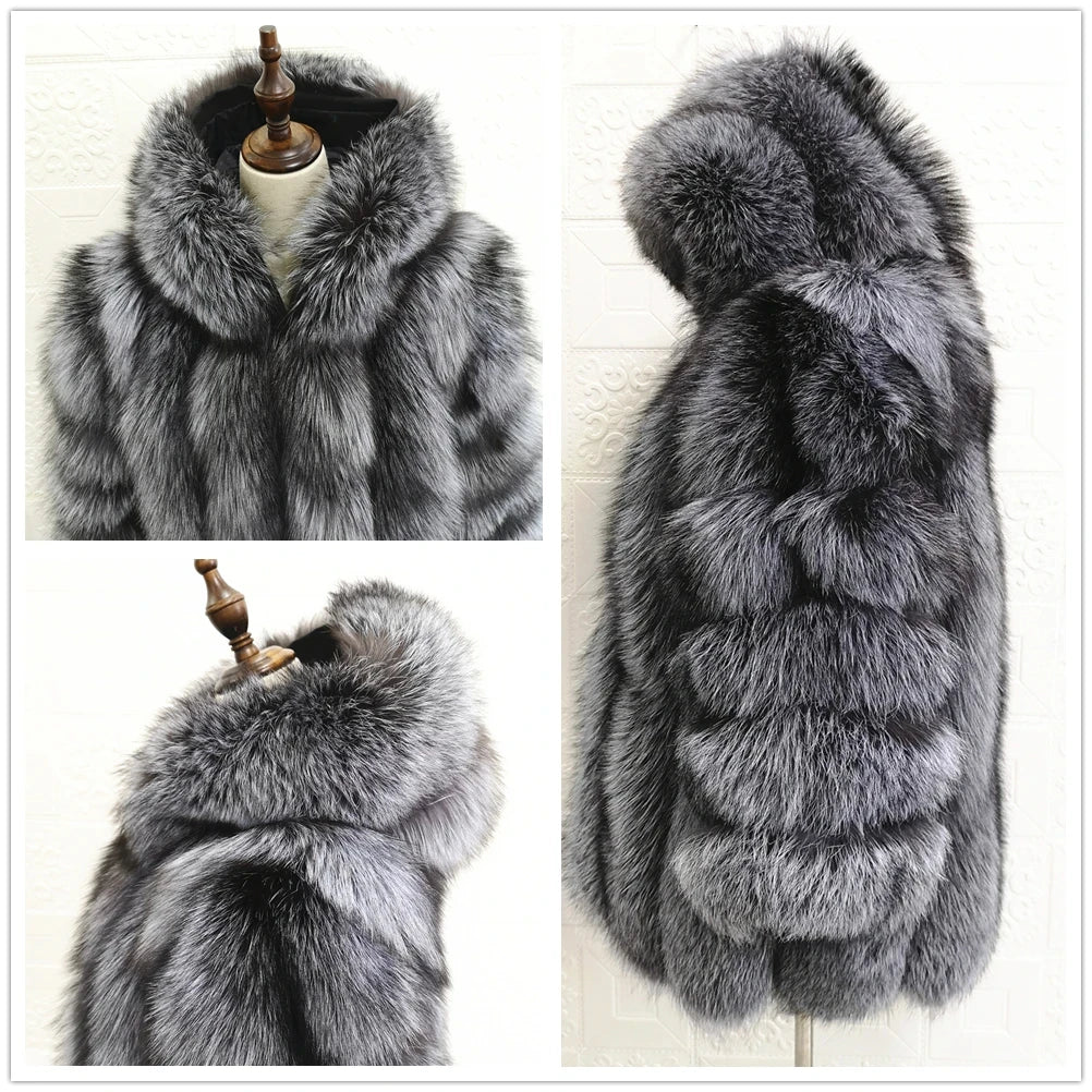 QUEENTINA Real Fox Fur Coat for Women, Winter Jacket, Warm Outerwear, Luxury Designer, External Clothes Plus Fashion New Long