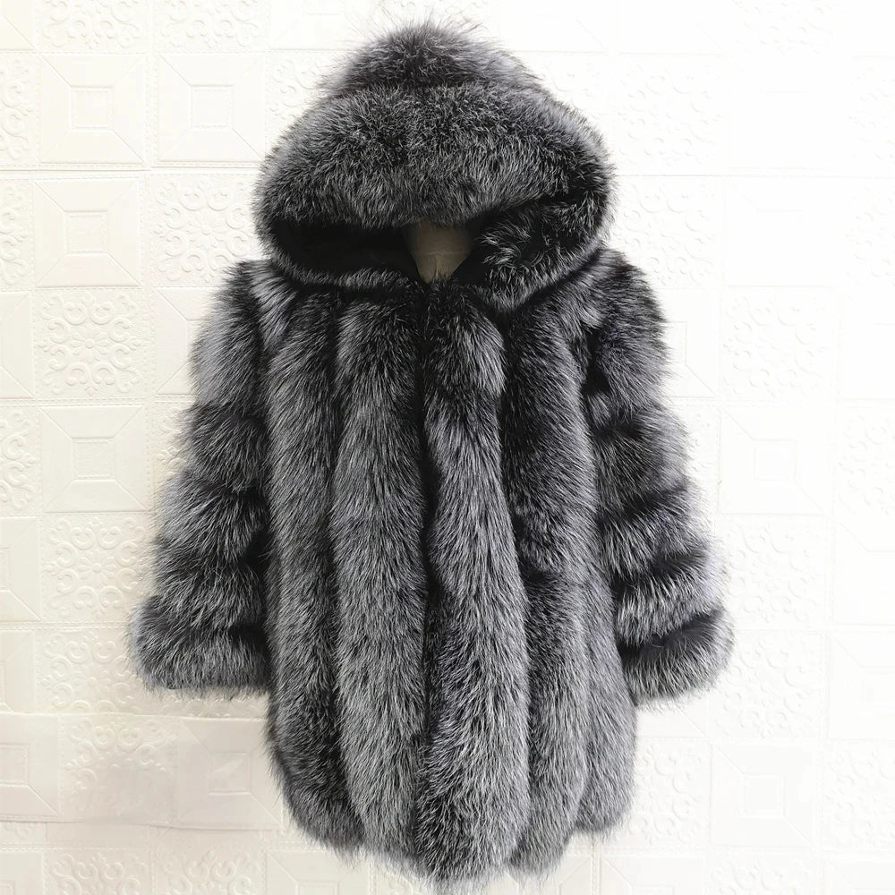 QUEENTINA Real Fox Fur Coat for Women, Winter Jacket, Warm Outerwear, Luxury Designer, External Clothes Plus Fashion New Long