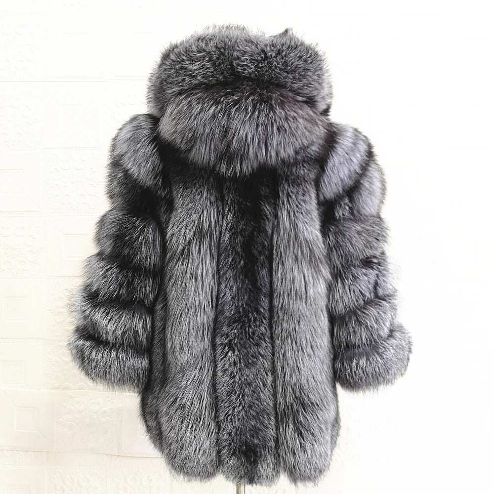 QUEENTINA Real Fox Fur Coat for Women, Winter Jacket, Warm Outerwear, Luxury Designer, External Clothes Plus Fashion New Long