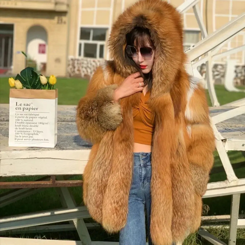 QUEENTINA Real Fox Fur Coat for Women, Winter Jacket, Warm Outerwear, Luxury Designer, External Clothes Plus Fashion New Long