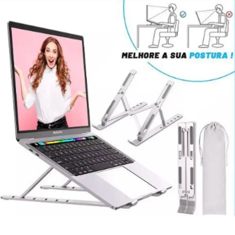 Suporte de Alumínio Ajustável – Mais Conforto para Trabalhar Melhor! Regulável Para Notebook E Macbook Escritório