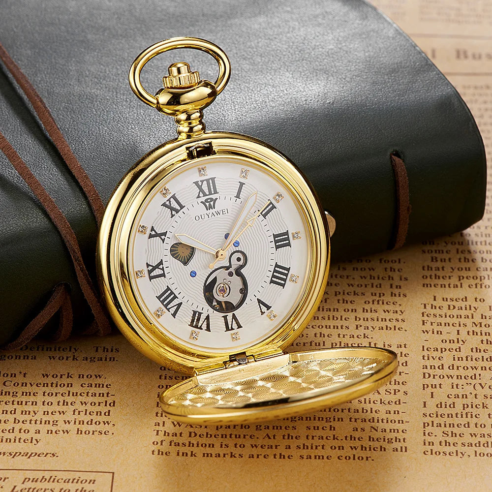 New OYW Brand Stainless Steel Men Fashion Casual Pocket Watch Skeleton dial Silver Hand Wind Mechanical Male Fob Chain Watches