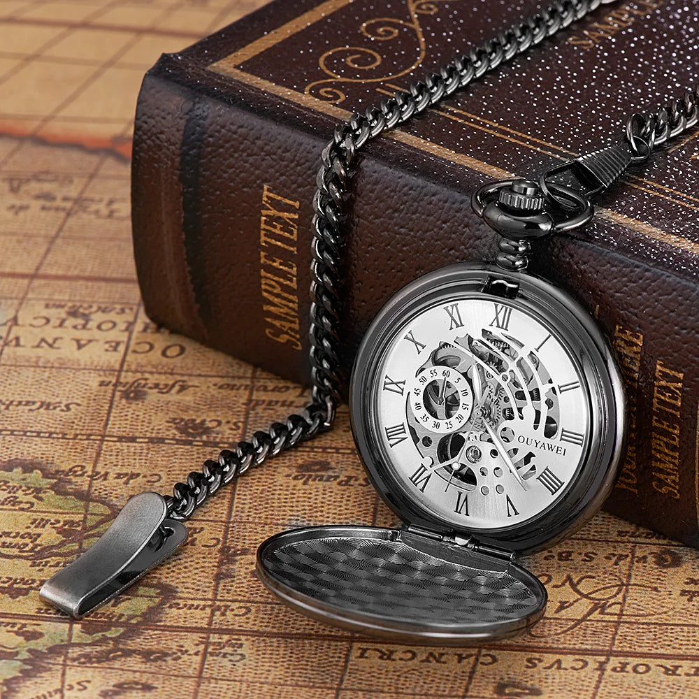 New OYW Brand Stainless Steel Men Fashion Casual Pocket Watch Skeleton dial Silver Hand Wind Mechanical Male Fob Chain Watches