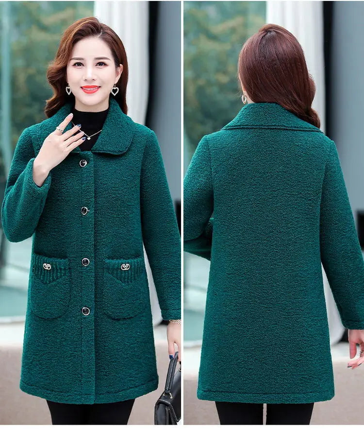 Middle-aged Mothers Faux lamb Wool Coat 2024 Autumn Winter Loose Long-sleeve Outerwear Solid Female Jacket Parkas Casual Tops