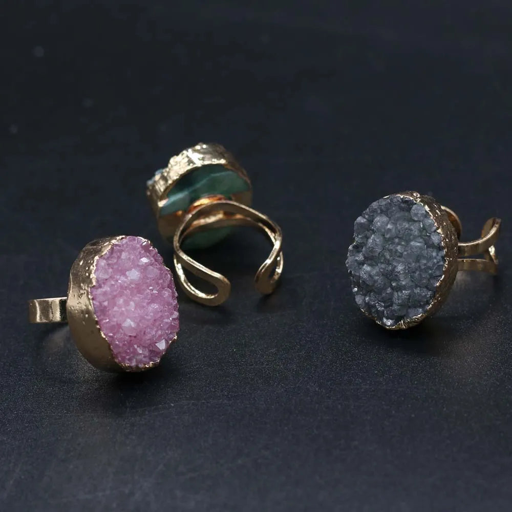 Natural Druzy Agates Rings Diamon-Studded Open Finger Rings Irregular Charm Rings for Women Men Party Wedding Jewelry