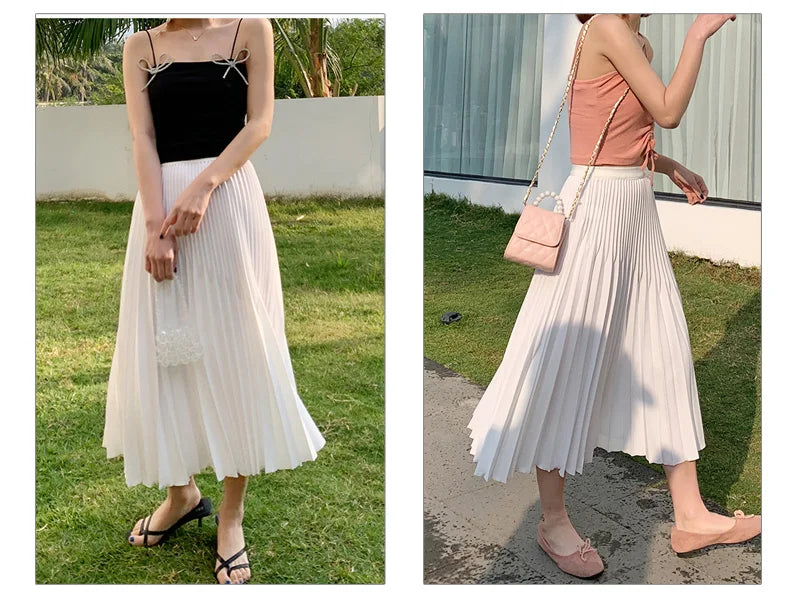 Women's Elegant Solid Color Midi Skirt Korean Female High Waist Fan-shaped Pleated Twill Skirts Faldas 2021 Summer Autumn Sk772