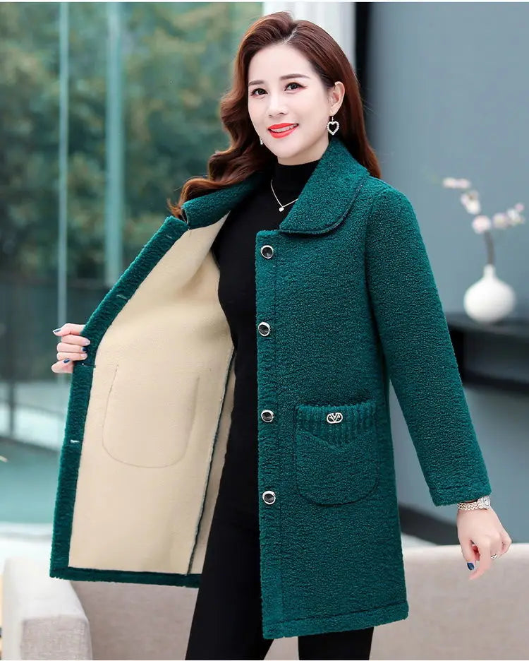 Middle-aged Mothers Faux lamb Wool Coat 2024 Autumn Winter Loose Long-sleeve Outerwear Solid Female Jacket Parkas Casual Tops