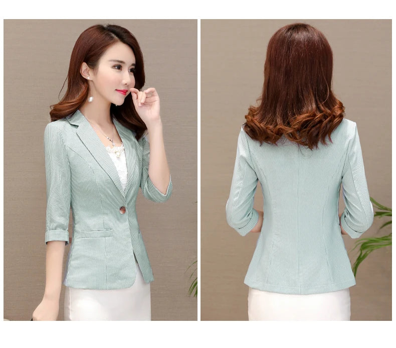 Elegant Women's Stripe 3/4 sleeve Suit Jacket 2025 Spring Summer Thin Slim Outwear Single button Female Office Blazer Coat Tops