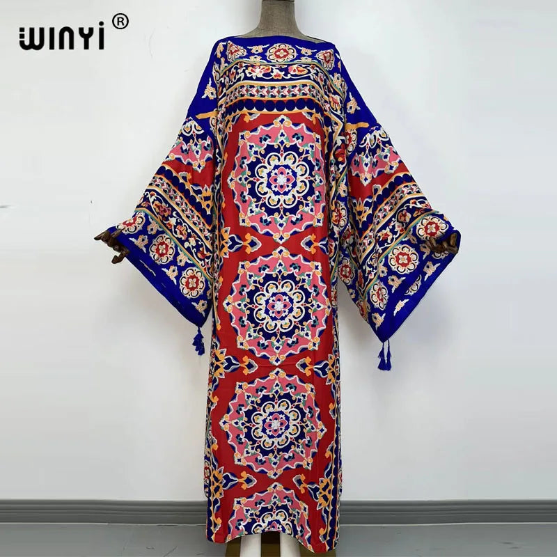 WINYI Cotton feeling robe longue hiver Elegant Long Sleeve african dresses for women Stripe Print Female dresses Vestdios abaya