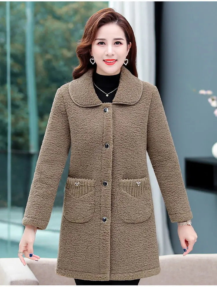 Middle-aged Mothers Faux lamb Wool Coat 2024 Autumn Winter Loose Long-sleeve Outerwear Solid Female Jacket Parkas Casual Tops