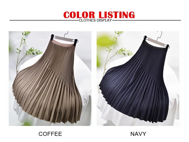 Women's Elegant Solid Color Midi Skirt Korean Female High Waist Fan-shaped Pleated Twill Skirts Faldas 2021 Summer Autumn Sk772