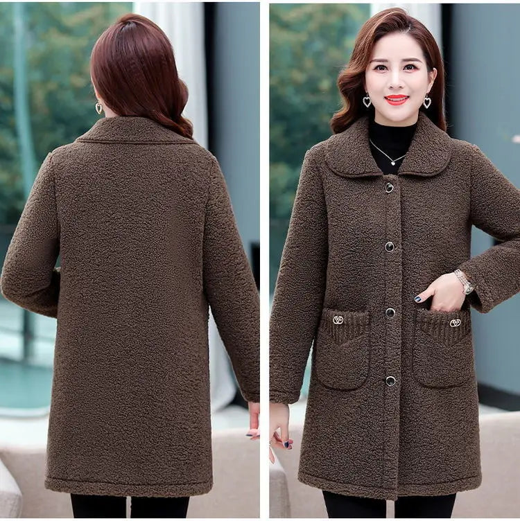 Middle-aged Mothers Faux lamb Wool Coat 2024 Autumn Winter Loose Long-sleeve Outerwear Solid Female Jacket Parkas Casual Tops