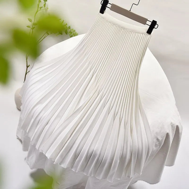 Women's Elegant Solid Color Midi Skirt Korean Female High Waist Fan-shaped Pleated Twill Skirts Faldas 2021 Summer Autumn Sk772