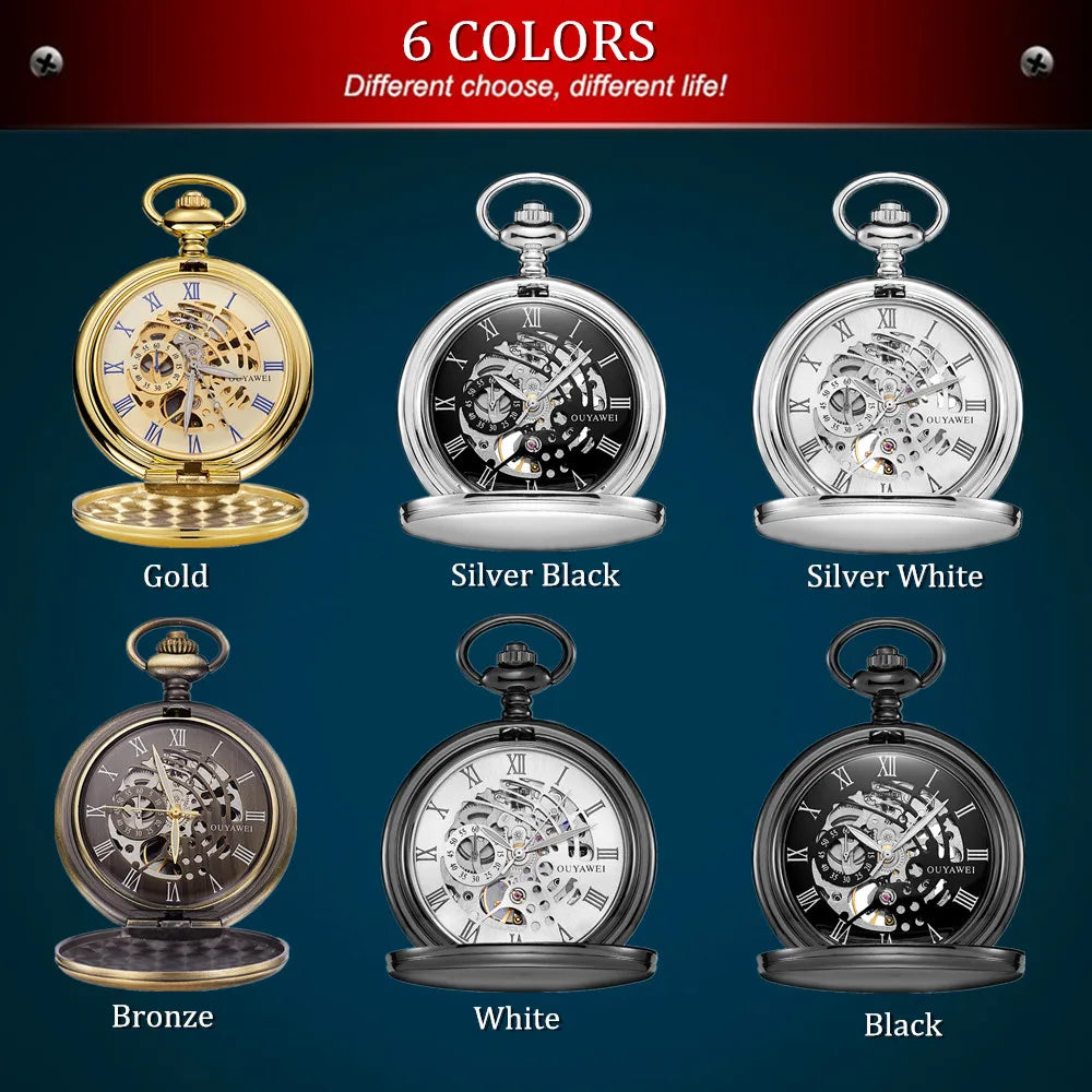 New OYW Brand Stainless Steel Men Fashion Casual Pocket Watch Skeleton dial Silver Hand Wind Mechanical Male Fob Chain Watches