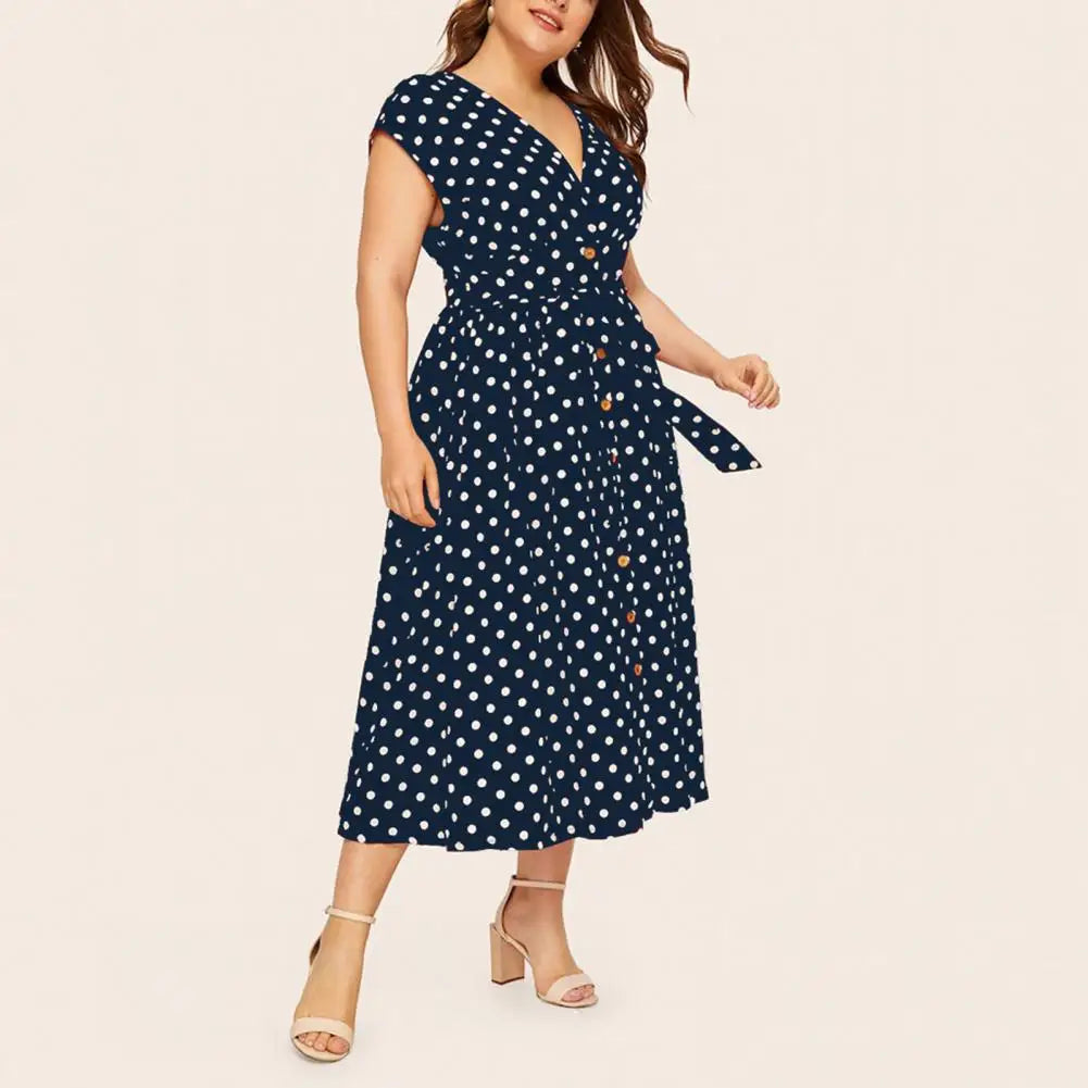 Women Plus Size Dress Polka Dot Print V Neck  Summer Single-breasted Sleeveless Large Hem Dress платье женское vestido mujer