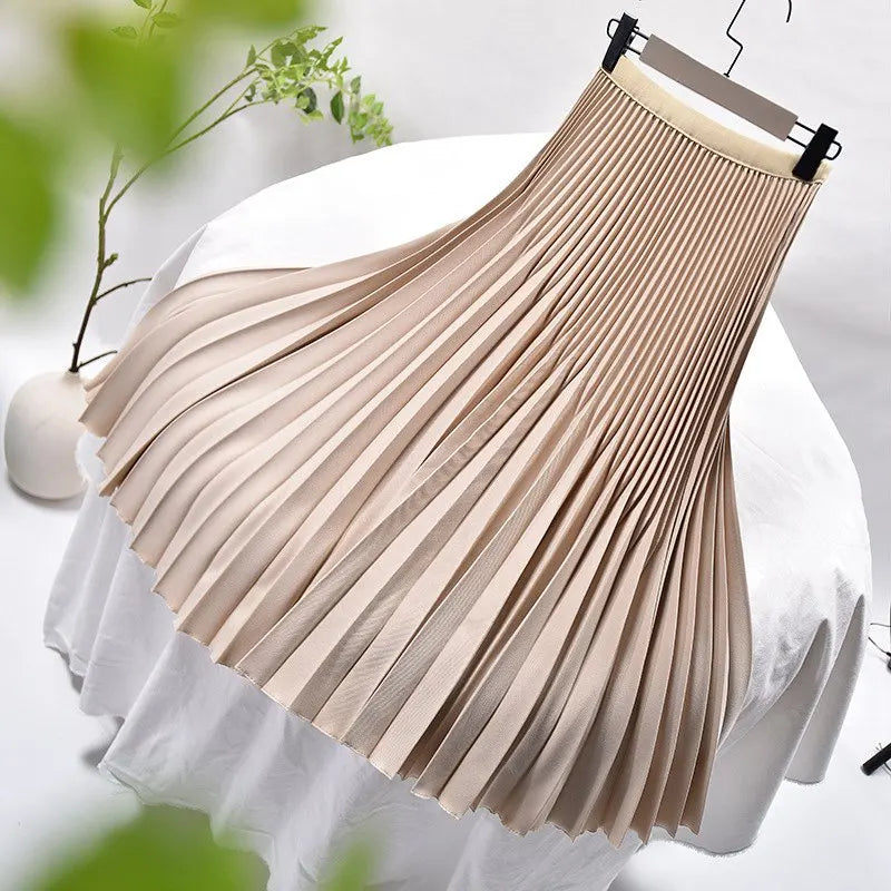 Women's Elegant Solid Color Midi Skirt Korean Female High Waist Fan-shaped Pleated Twill Skirts Faldas 2021 Summer Autumn Sk772