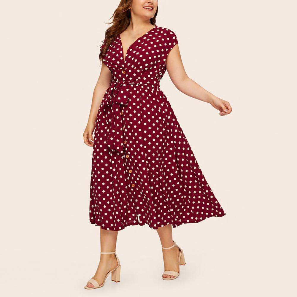 Women Plus Size Dress Polka Dot Print V Neck  Summer Single-breasted Sleeveless Large Hem Dress платье женское vestido mujer